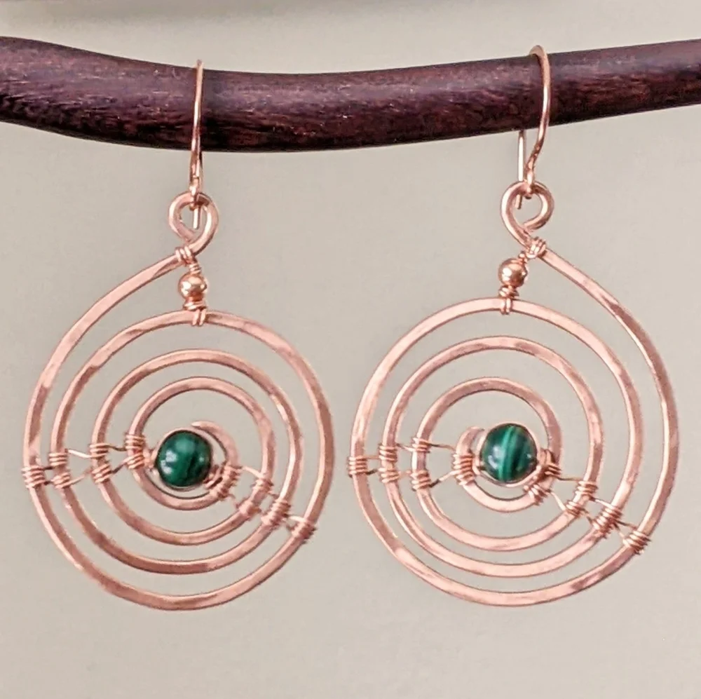 Industrial Urban Copper Spiral Earrings Natural Malachite Gems Earthy Bold - Picture 8 of 12